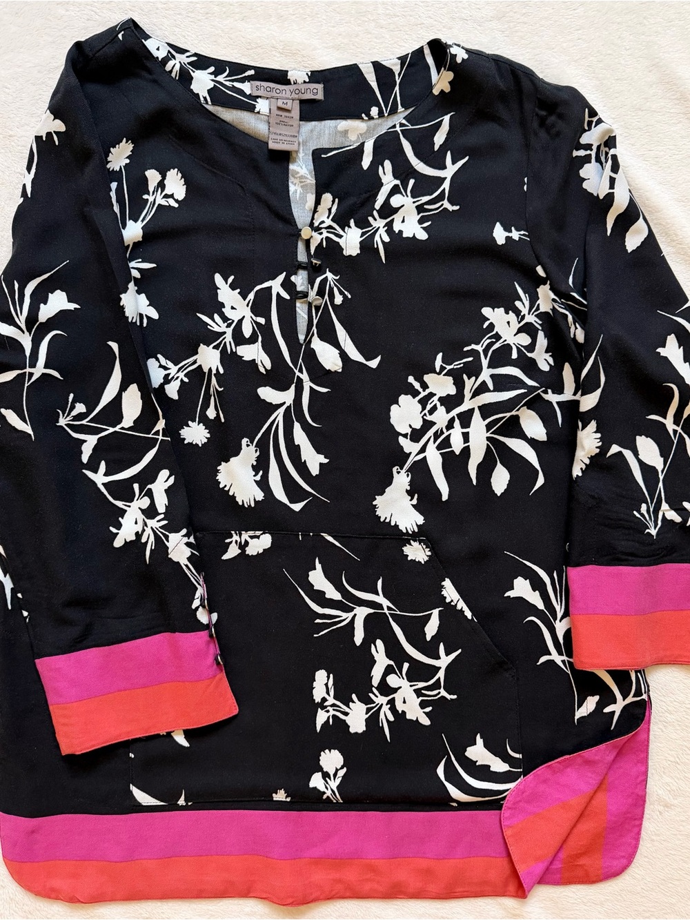 Sharon Young Black & White Floral Tunic with Pink and Orange Trim